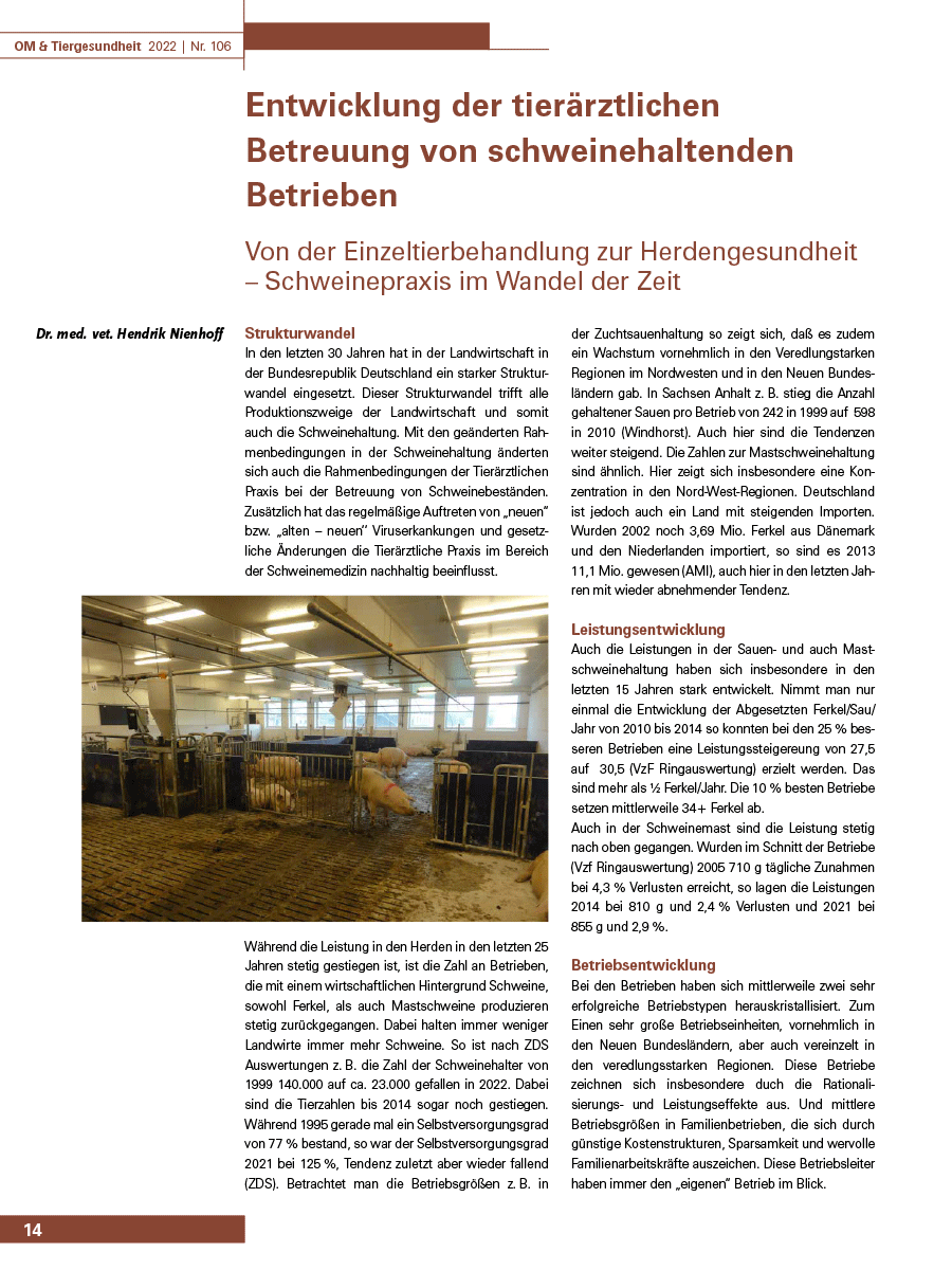 Entwicklung der tierärztlichen Betreuung von schweinehaltenden Betrieben