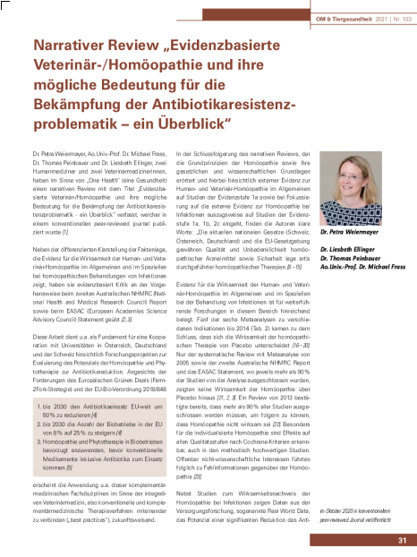 Narrativer Review „Evidenzbasierte Veterinär-/Homöopathie und ihre mögliche Bedeutung für die Bekämpfung der Antibiotikaresistenzproblematik – ein Überblick“